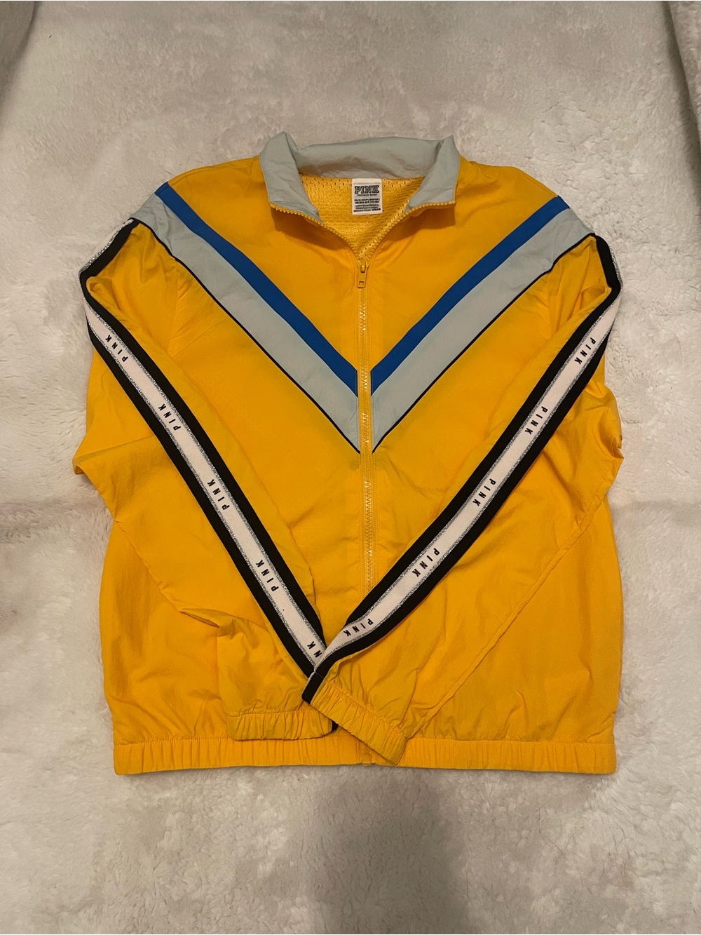 VS PINK Yellow Windbreaker with Blue & Gray Chevron Details
